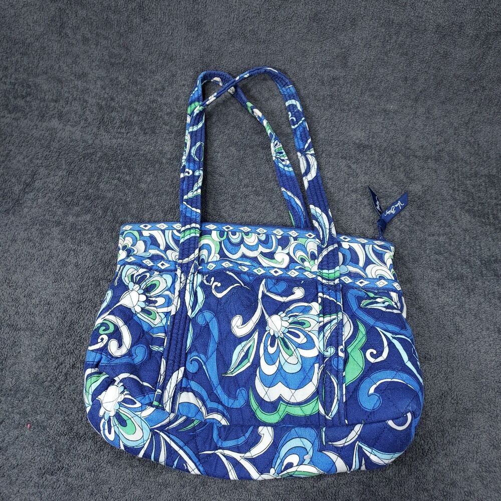 Vera Bradley Tote Bag Blue White Green Floral Zip Closure Handbag Vtg
